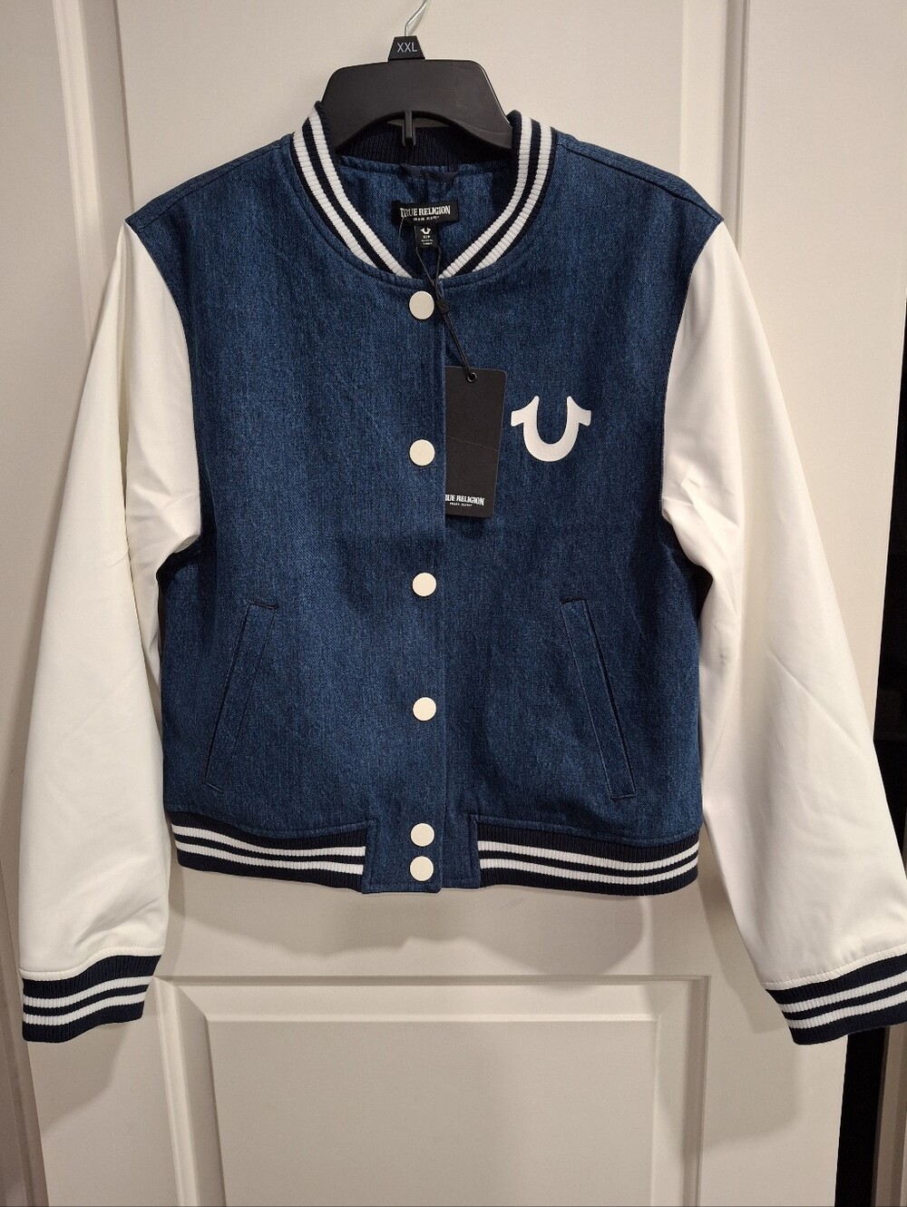 True Religion Womens Glittler Wing Denim Varsity Jacket White Slevees Size S NWT